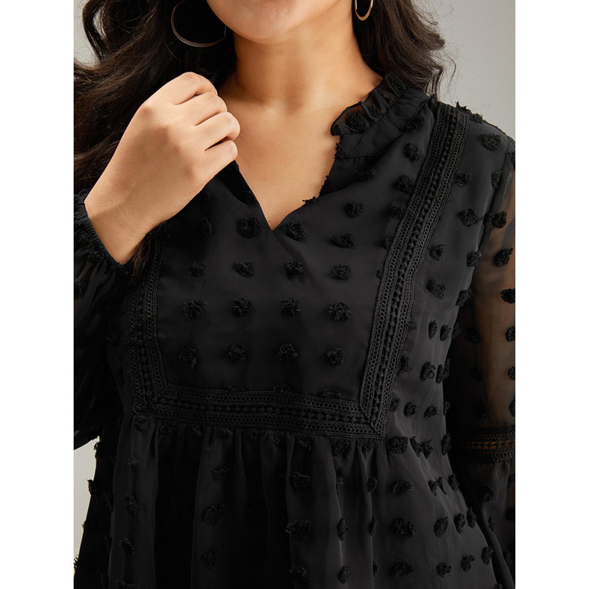 Plus Size Black Polka Dot Frill Trim Mesh Blouse Women Elegant Long Sleeve Notched collar Dailywear Blouses BloomChic 14-16/1X Product Image