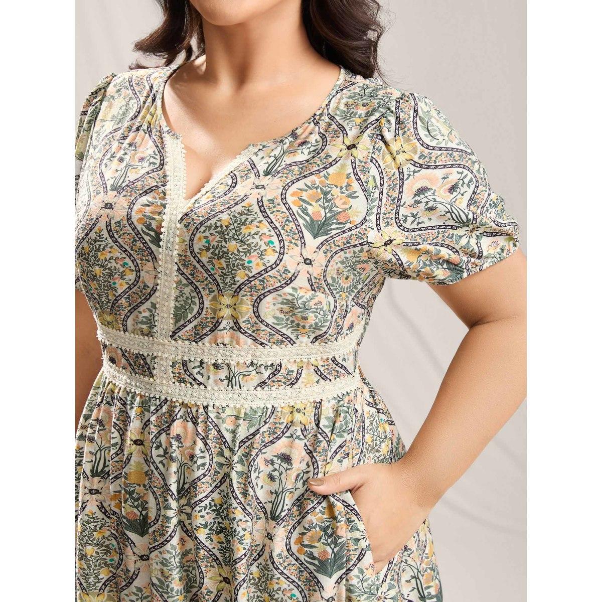 Plus Size Ornate Print Lace Neck Midi Dress Greenbean Women Timeless Notched collar Short sleeve Curvy BloomChic 14-16/1X Product Image