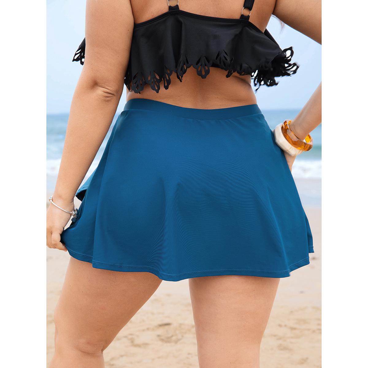 Plus Size Solid Ruffle Wrap Hem Swim Skirt Women's Swimwear Indigo Vacation A-line High stretch Bodycon High Rise Curve Swim Bottoms BloomChic 26/4X Product Image