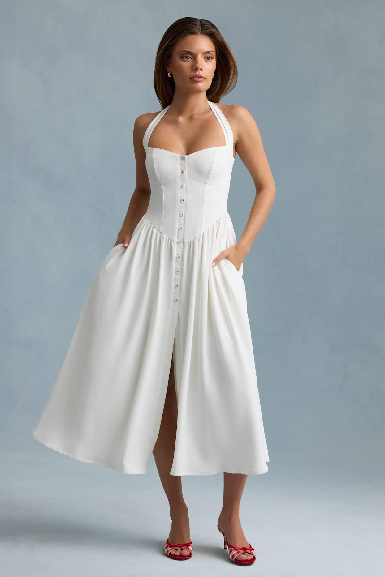 Button-Detail Halterneck Midaxi Dress in White Product Image