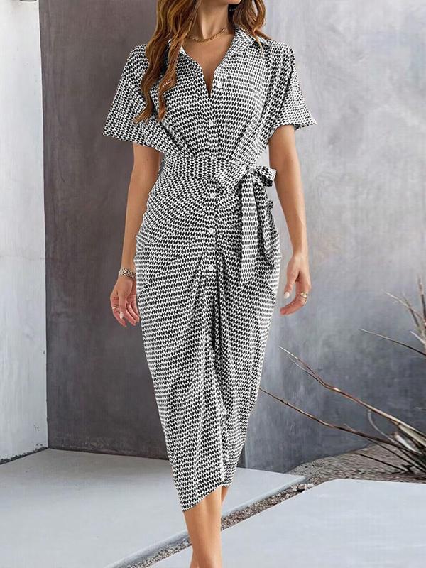 Bodycon Half Sleeves Buttoned Contrast Color Tied Waist Lapel Midi Dresses Product Image