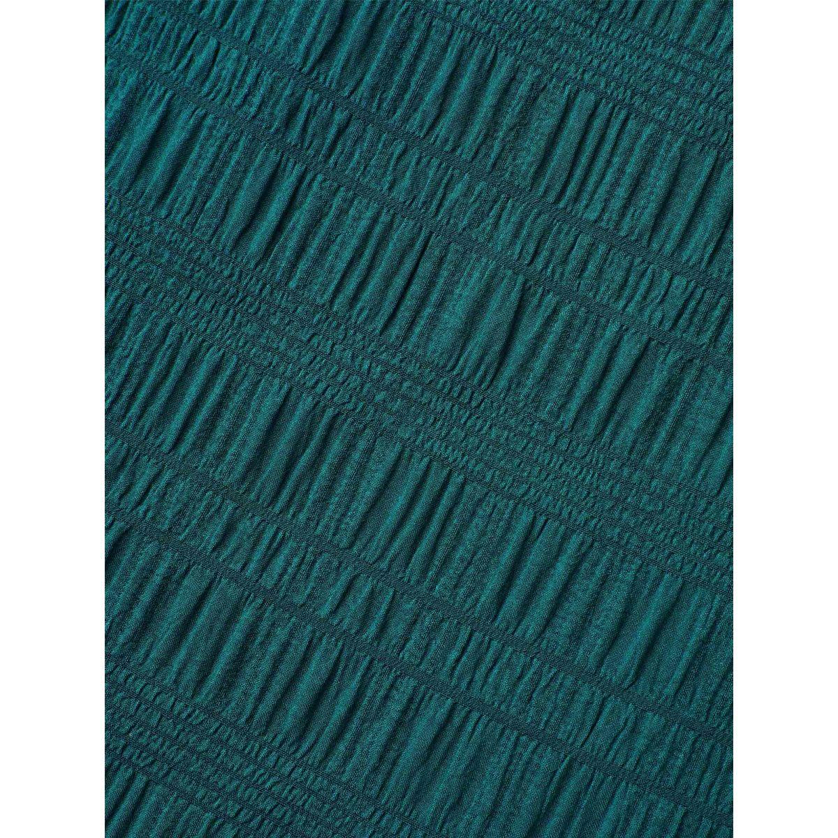 Plus Size Cyan Solid Textured Curved Hem Gathered Blouse Women Elegant Elbow-length sleeve Round Neck Everyday Blouses BloomChic 26/4X Product Image