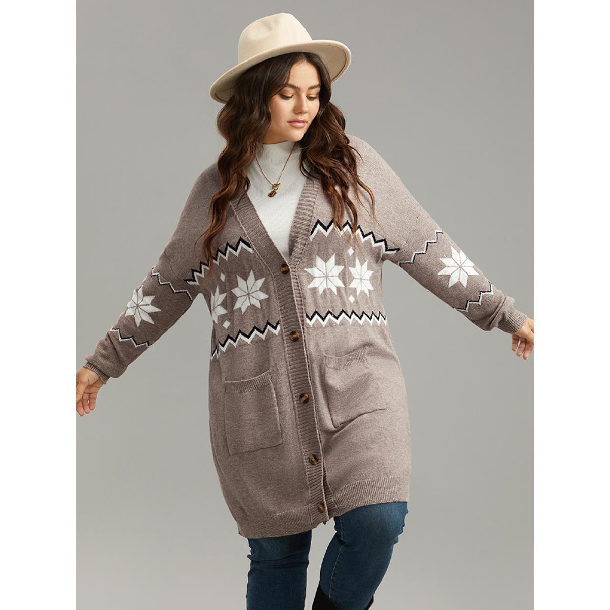 Plus Size Supersoft Essentials Geometric Button Through Cardigan LightBrown Women Casual Loose Long Sleeve Dailywear Cardigans BloomChic 18-20/2X Product Image