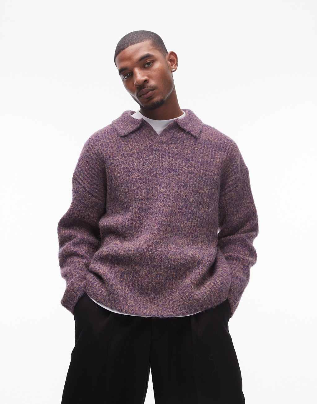Topman relaxed open collar sweater in purple heather Product Image