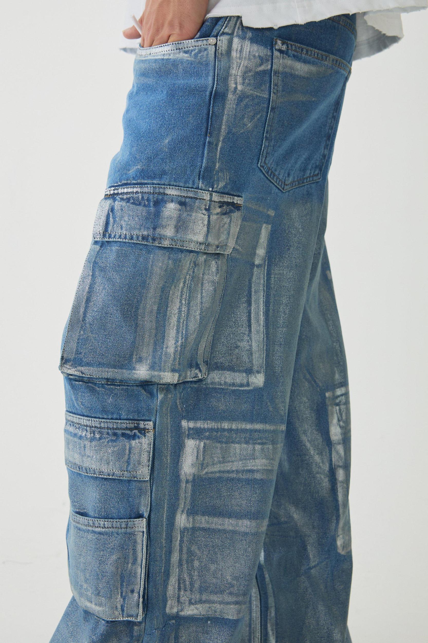 Baggy Rigid Sliver Metallic Coated Denim Cargo Jeans | boohooMAN USA Product Image