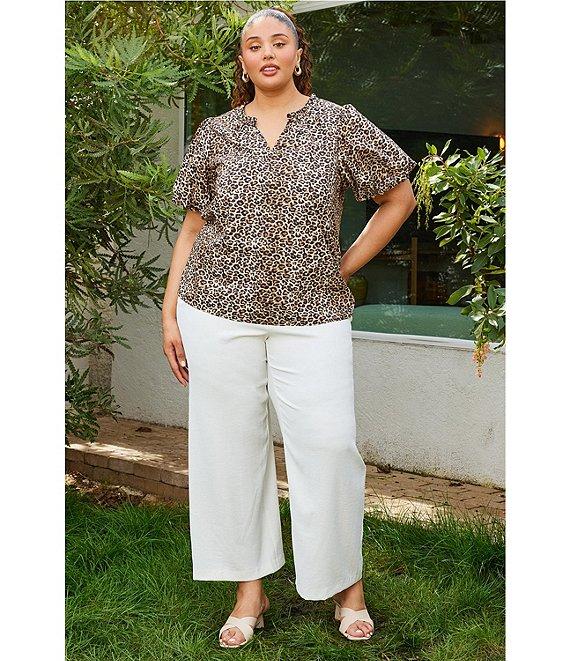 Skies Are Blue Plus Size Leopard Print Poplin Puff Sleeve Top Product Image