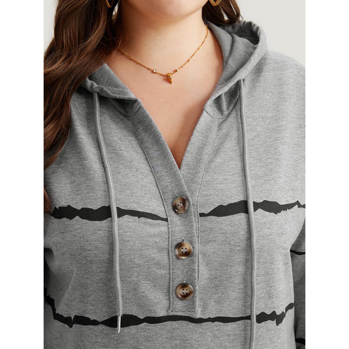 Plus Size Striped Drawstring Hooded Button Up Sweatshirt Women Gray Casual Elastic cuffs Hooded Dailywear Sweatshirts BloomChic 12/L Product Image