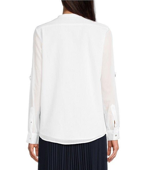 Calvin Klein Cotton Crew Neck Roll Tab Sleeve Button Front Blouse Product Image