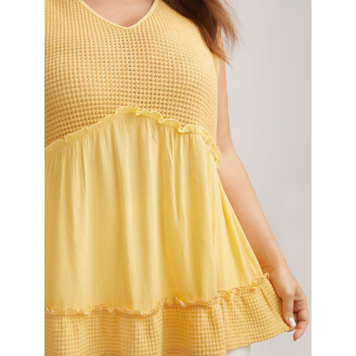 Plus Size Waffle Grid Spliced Ruffled Tank Top Women Lightyellow Texture V-neck Everyday-Casual Tank Tops Camis BloomChic 14-16/1X Product Image