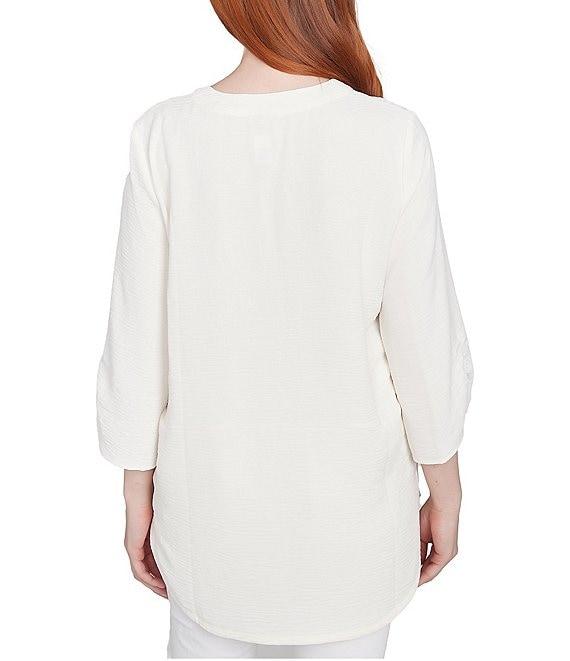 Ruby Rd. Petite Size Woven Embroidery Floral V-Neck 3/4 Sleeve Gauze Top Product Image