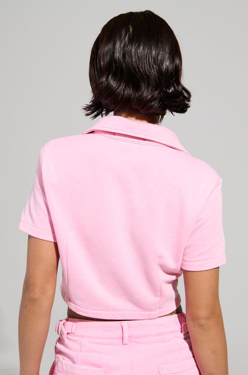 WORK FOR IT MINERAL WASHED CROPPED BUTTON DOWN IN PINK Product Image
