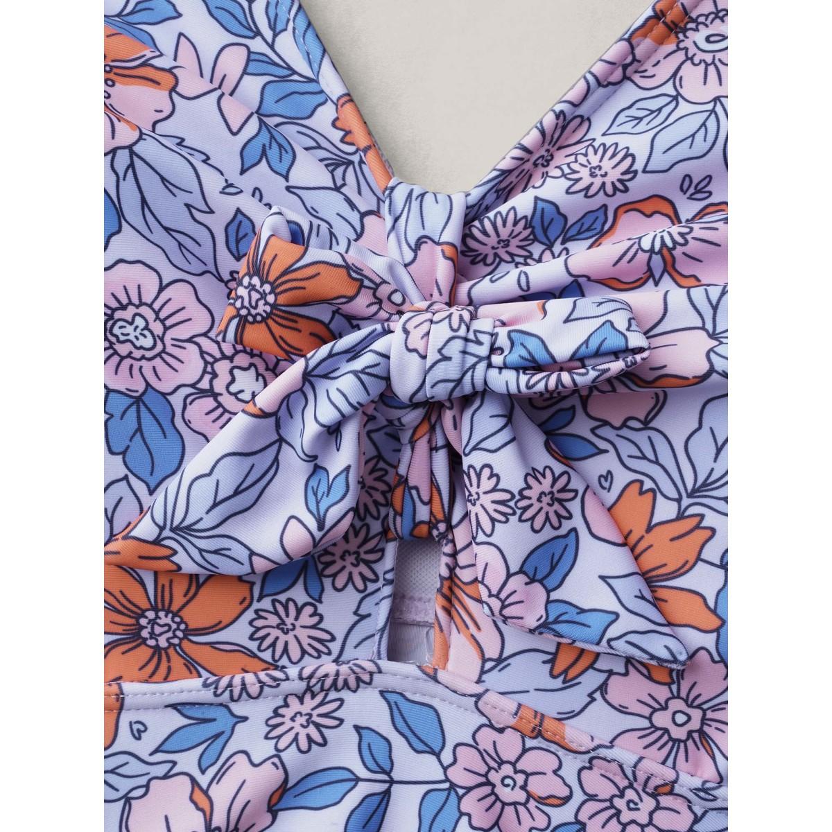 Plus Size Floral Print Tiered Ties Adjustable Swim Top Women's Swimwear Multicolor Resort Tie knot High stretch Bodycon V-neck Curve Swim Tops BloomChic 18-20/2X Product Image