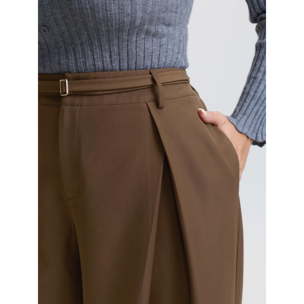 Plus Size Belted Side Pleated Adjustable Pants Women Yellowishbrown Office Straight Leg Mid Rise Office Pants BloomChic 14-16/1X Product Image