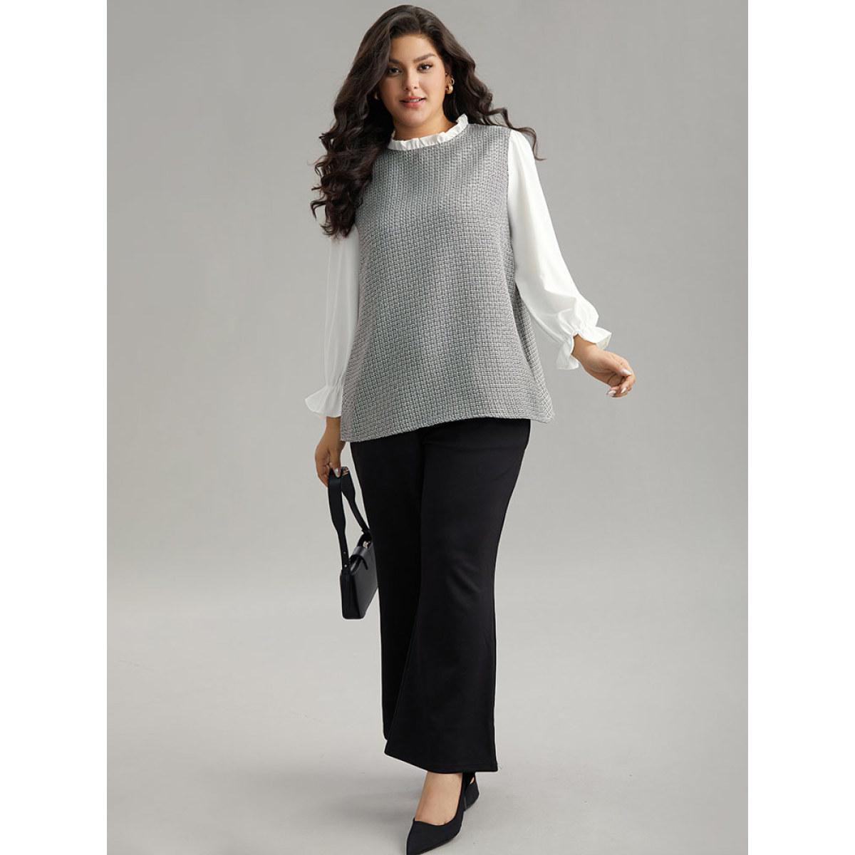 Plus Size White Gingham Ruffles Patchwork Frill Trim Blouse Women Office Long Sleeve Stand-up collar Office Blouses BloomChic 12/L Product Image