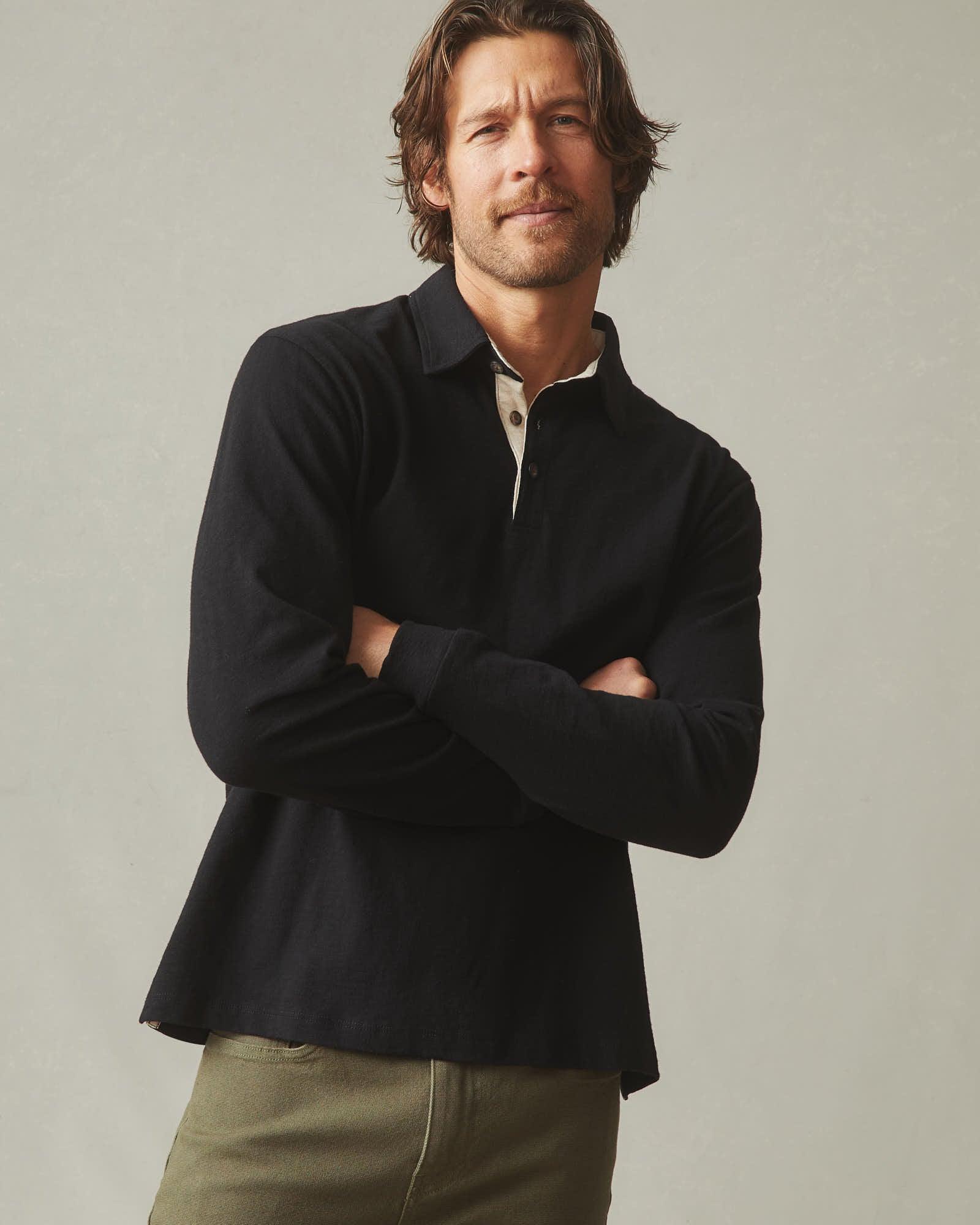 Men's Premium Slub Long Sleeve Polo - Black Product Image