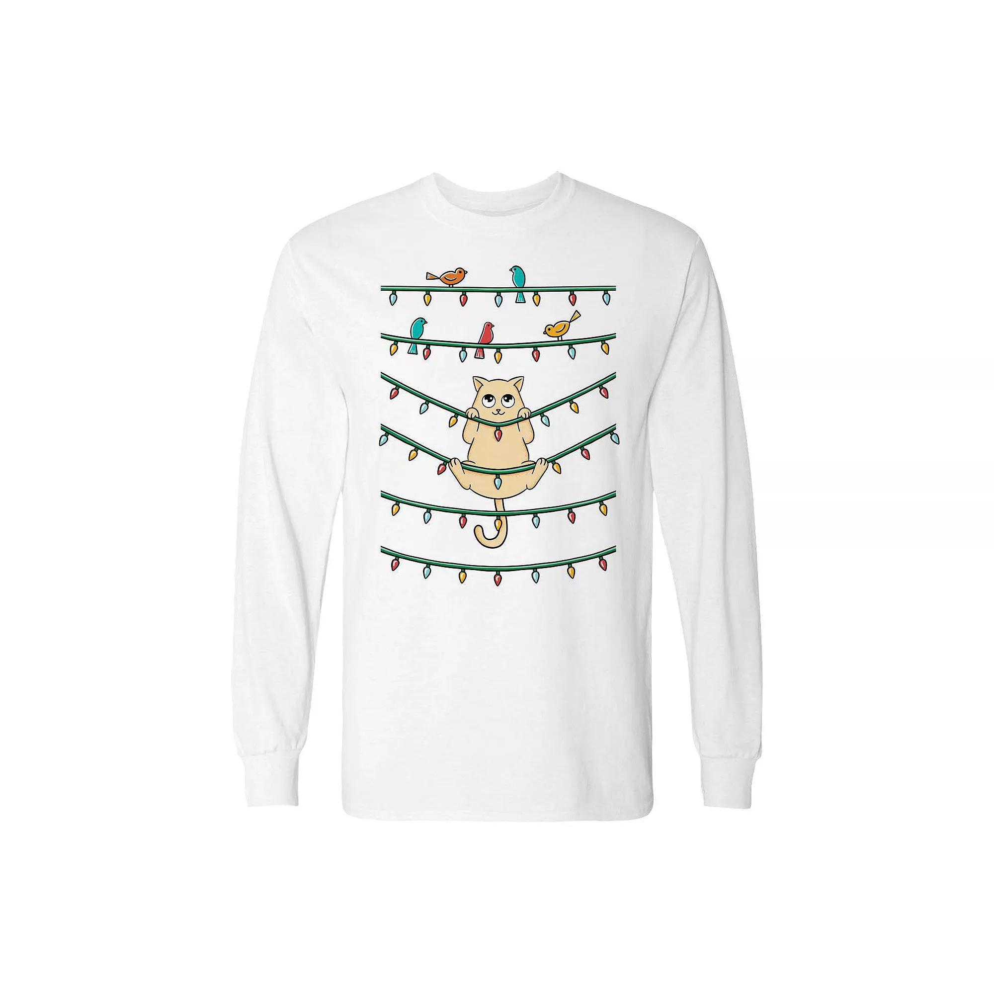 Men's Cat and Birds Christmas Long Sleeve Graphic Tee, Size: Medium, Black Product Image