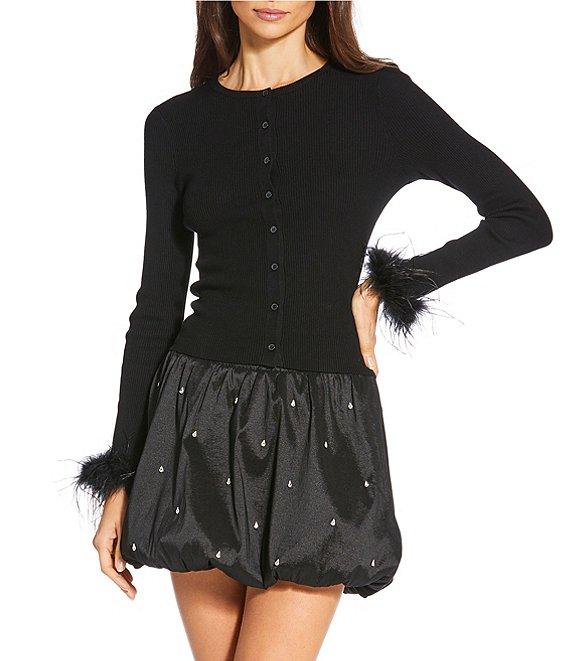 Gianni Bini Farrah Feather Trim Crewneck Long Sleeve Sweater Cardigan Product Image
