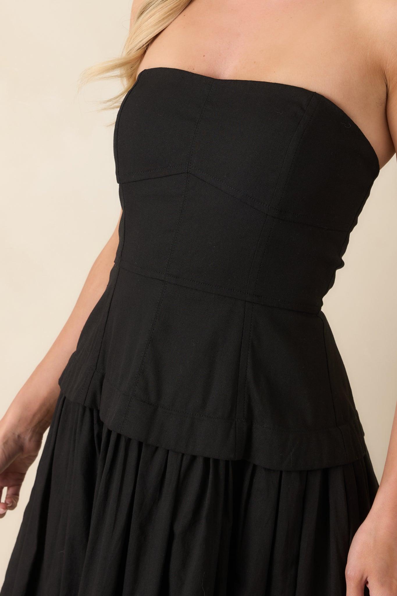 You Already Know Black Cotton Bustier Bodice Midi Dress Product Image