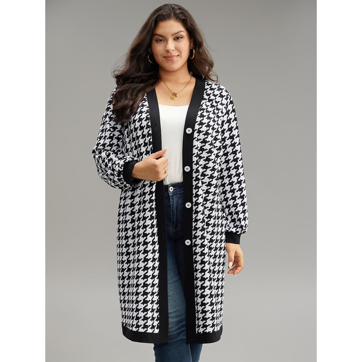 Plus Size Houndstooth Button Through Contrast Trim Jacket Women Black Contrast Dailywear Jackets BloomChic 12/L Product Image