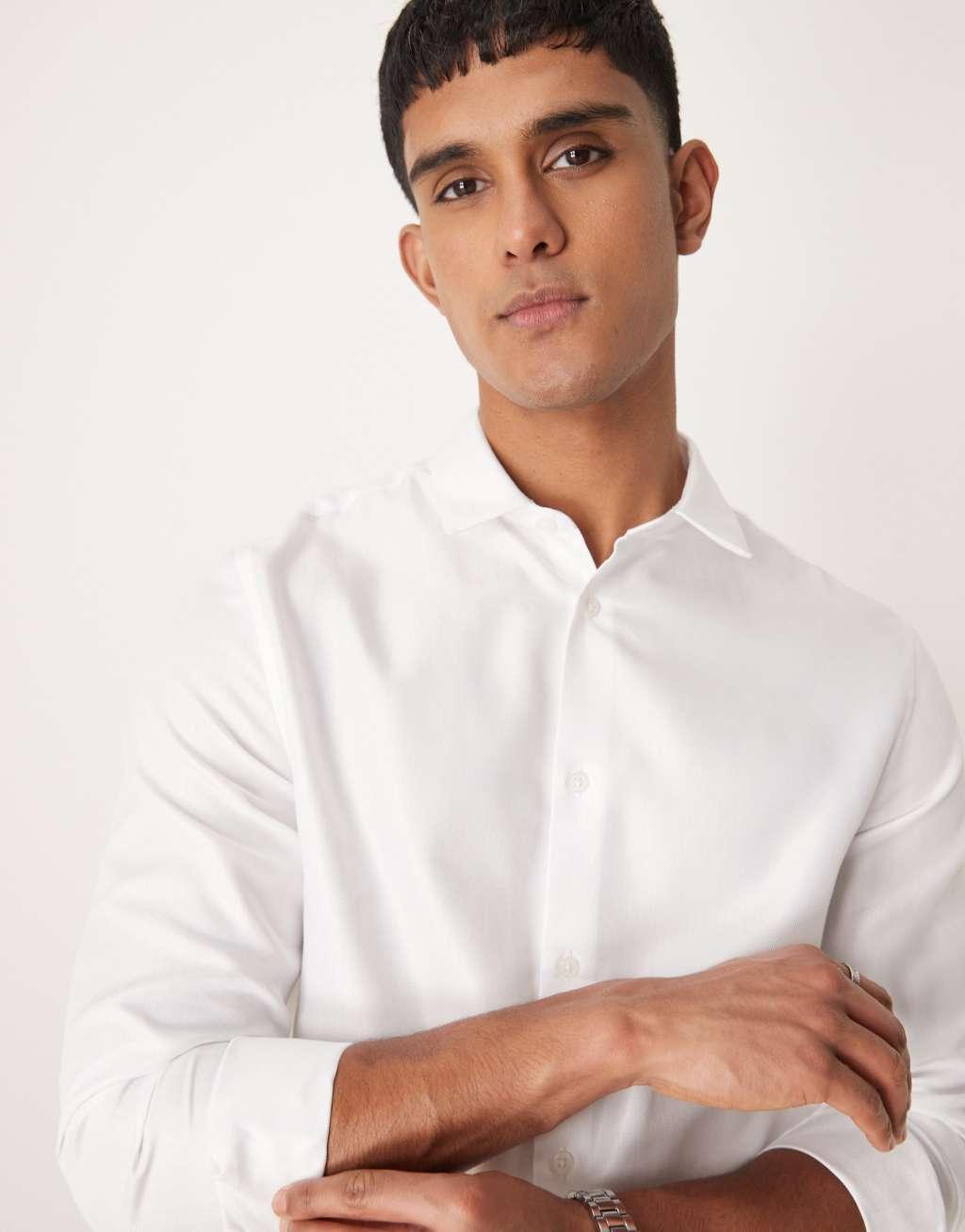 ASOS DESIGN formal easy iron regular shirt in herringbone texture in white Product Image