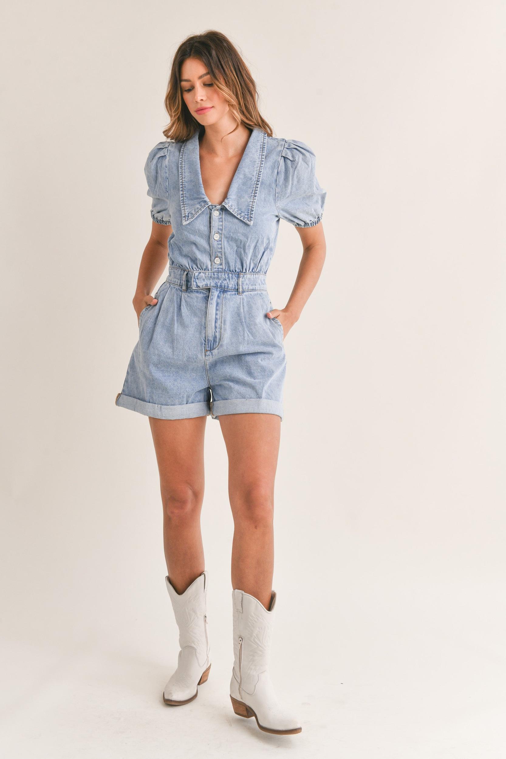 Cute Collared Puff Sleeve Denim Romper Product Image