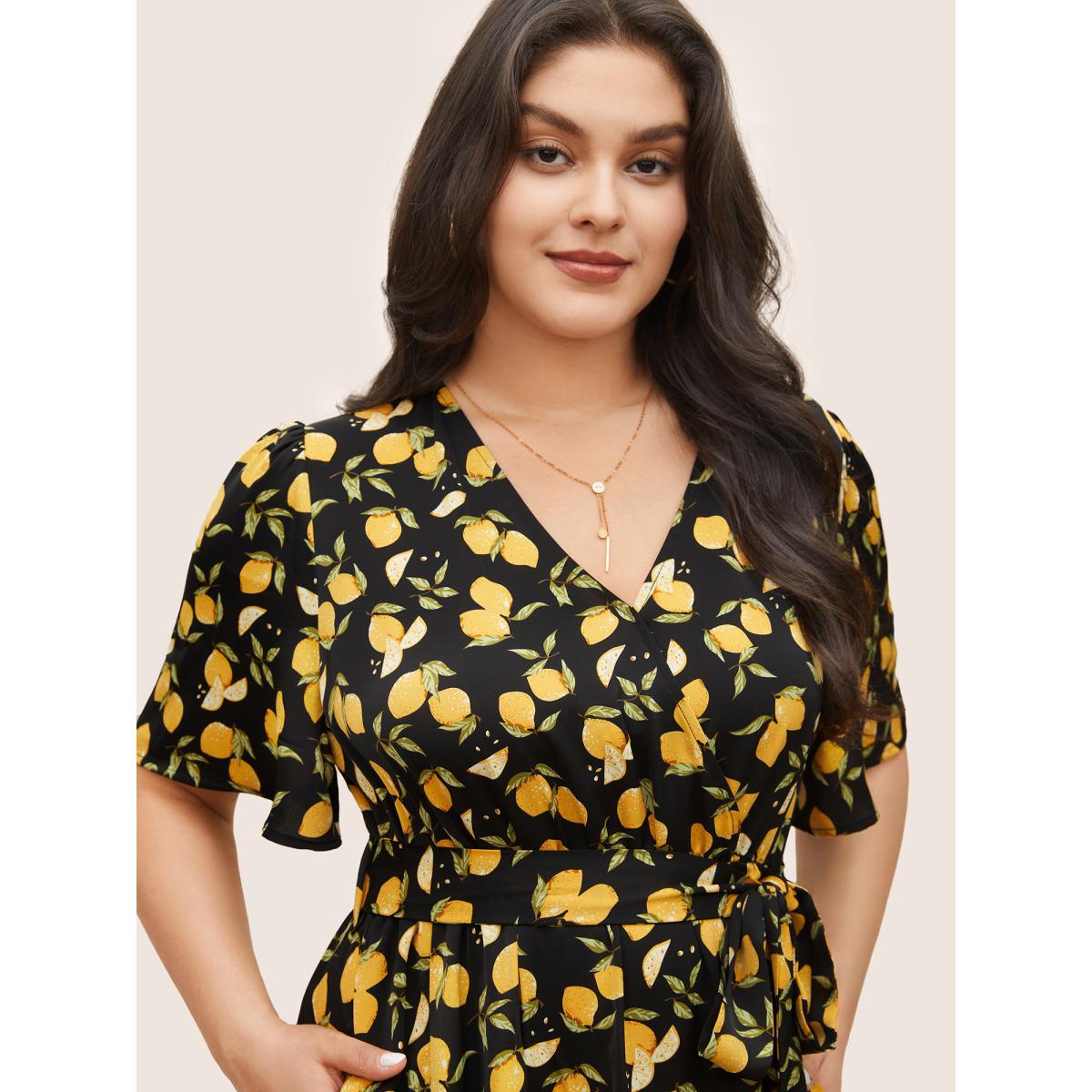 Plus Size Citrus Lemons Print Belted Surplice Neck Split Side Dress BlackFlower Women Elegant Non Overlap Collar Short sleeve Curvy Midi Dress BloomChic 14-16/1X Product Image