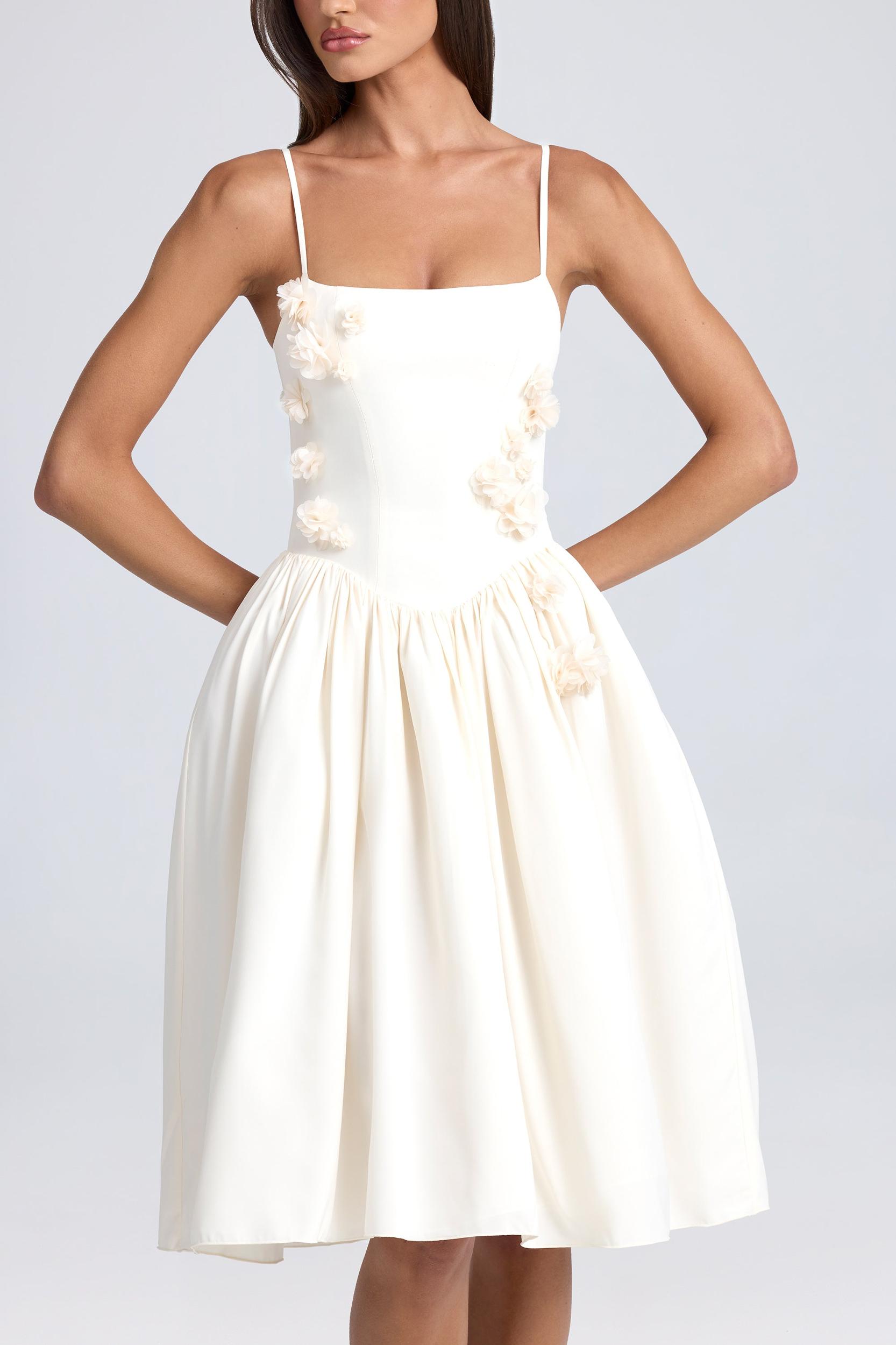 Floral-Appliqué Midi Dress in Ivory Product Image