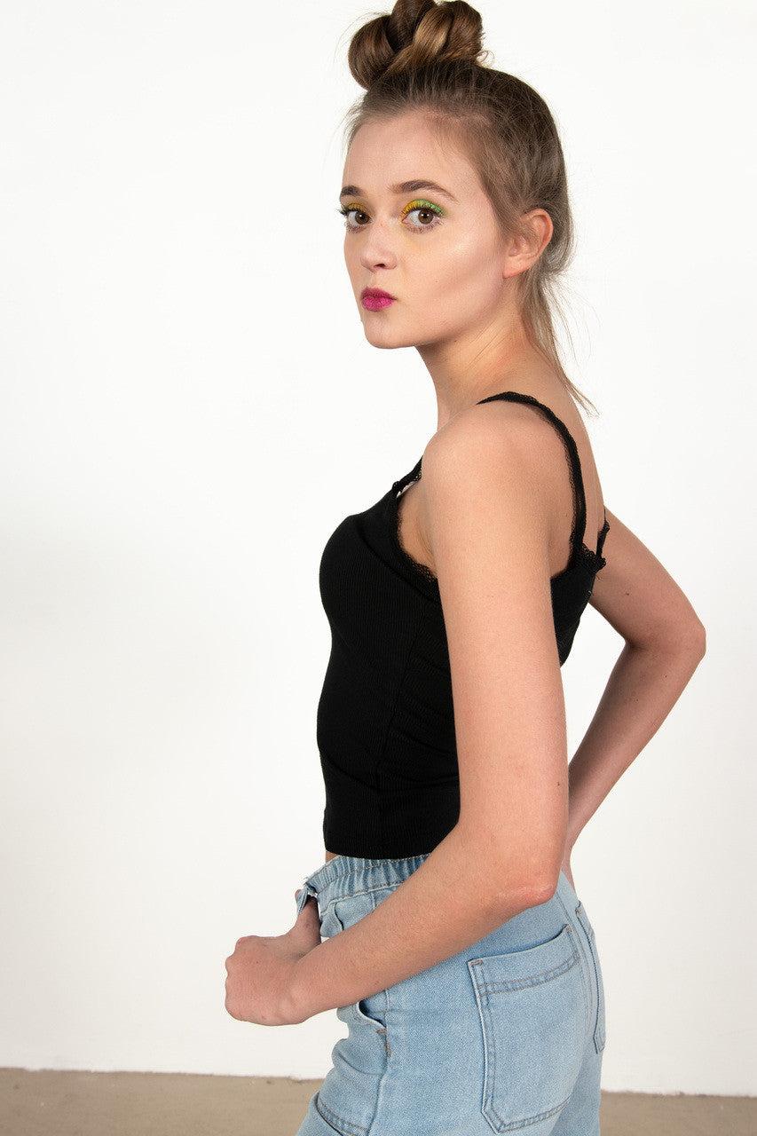 Black Ruched Lace Trim Cami Product Image