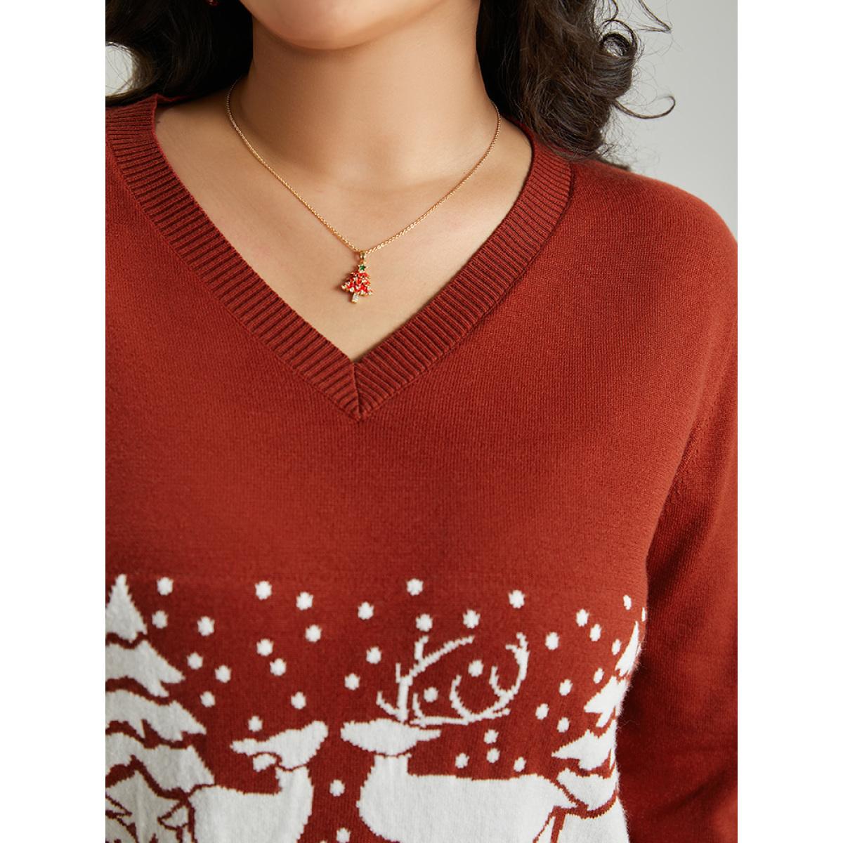 Plus Size Anti-Pilling Christmas Trees & Elk Print Pullover Rust Women Casual Loose Long Sleeve V-neck Festival-Christmas Pullovers BloomChic 28/5X Product Image