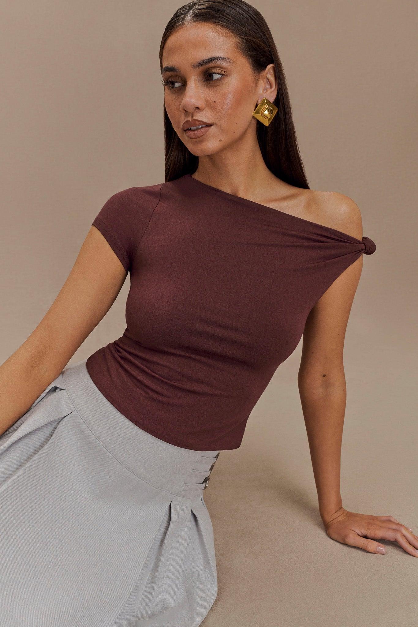 Betty Short Sleeve Modal Top With Knot Shoulder - Mahogany Product Image