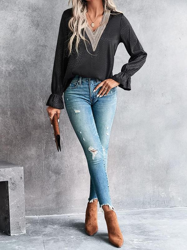 Long Sleeves Loose Elasticity Hollow Jacquard Leopard Split-Joint V-Neck Blouses&Shirts Tops Product Image