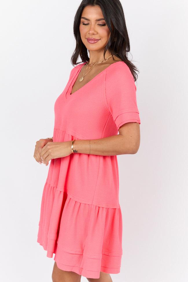 Planning Ahead Coral Waffle Knit Short Sleeve V-neck Dress FINAL SALE Product Image
