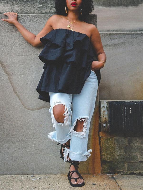 A-Line Loose Elasticity Layered Ruffled Solid Color Tube Vest Top Product Image