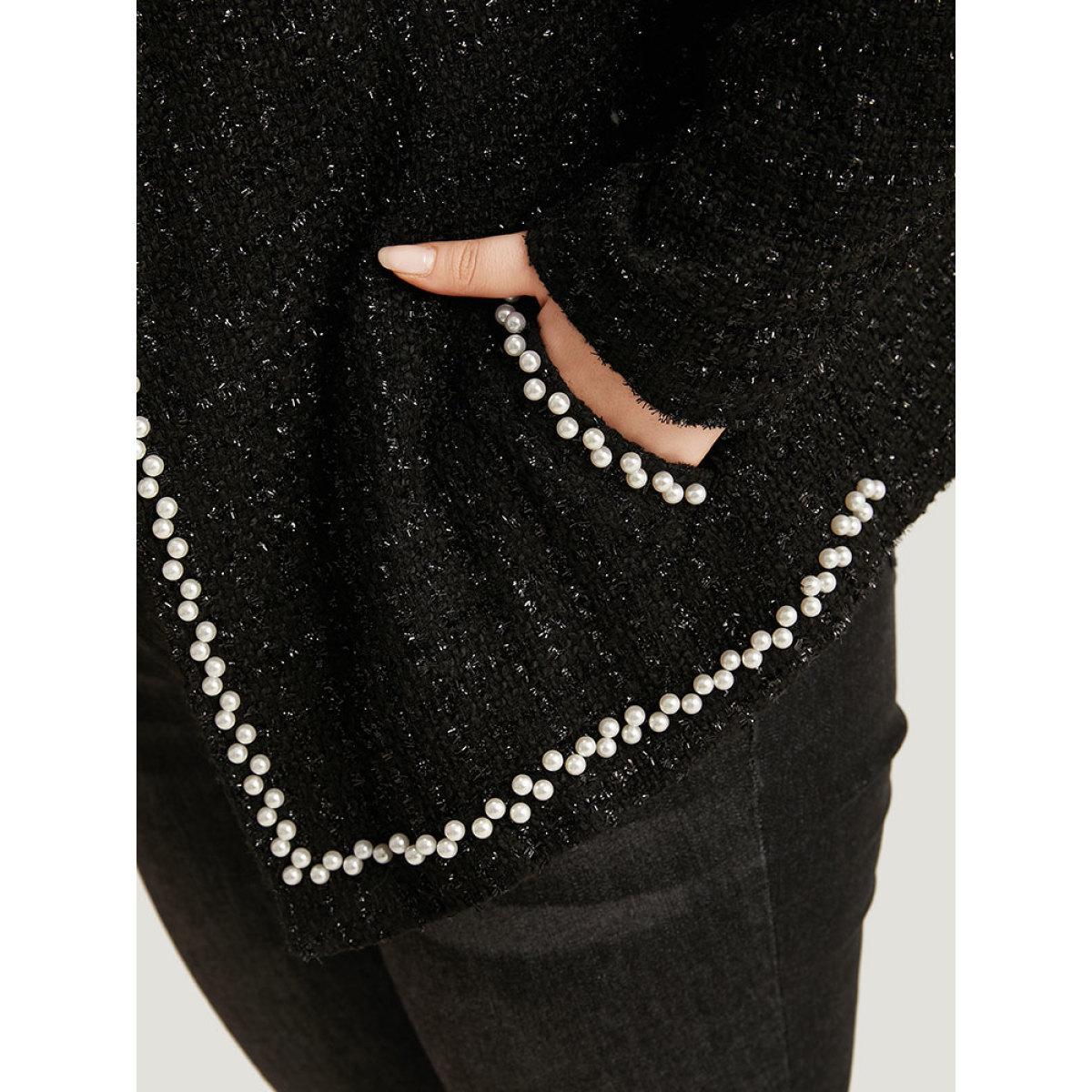 Plus Size Pearl Tweed Beaded Texture Pocket Blazer Women Black Elegant Texture Ladies Dailywear Winter Coats BloomChic 30/6X Product Image
