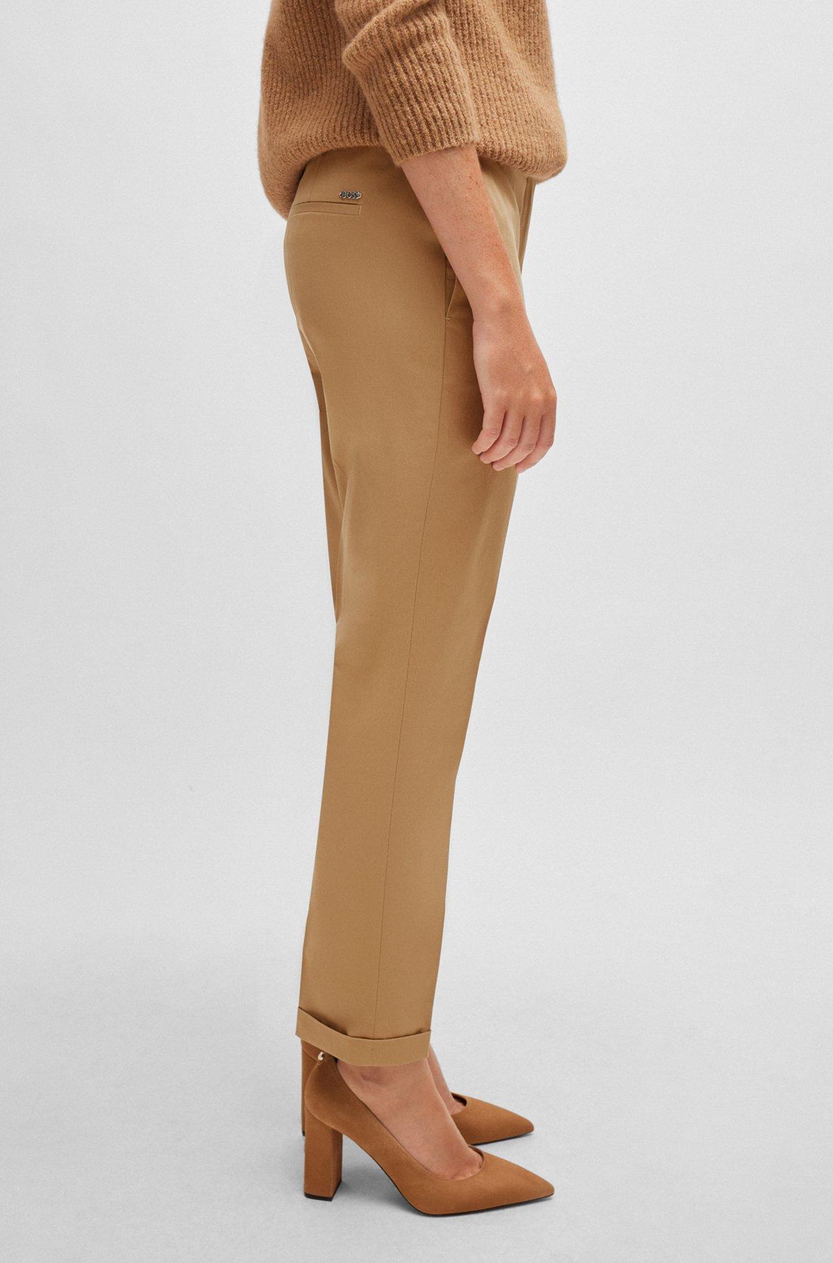 BOSS - Regular-fit pants in stretch-cotton satin - Beige Product Image
