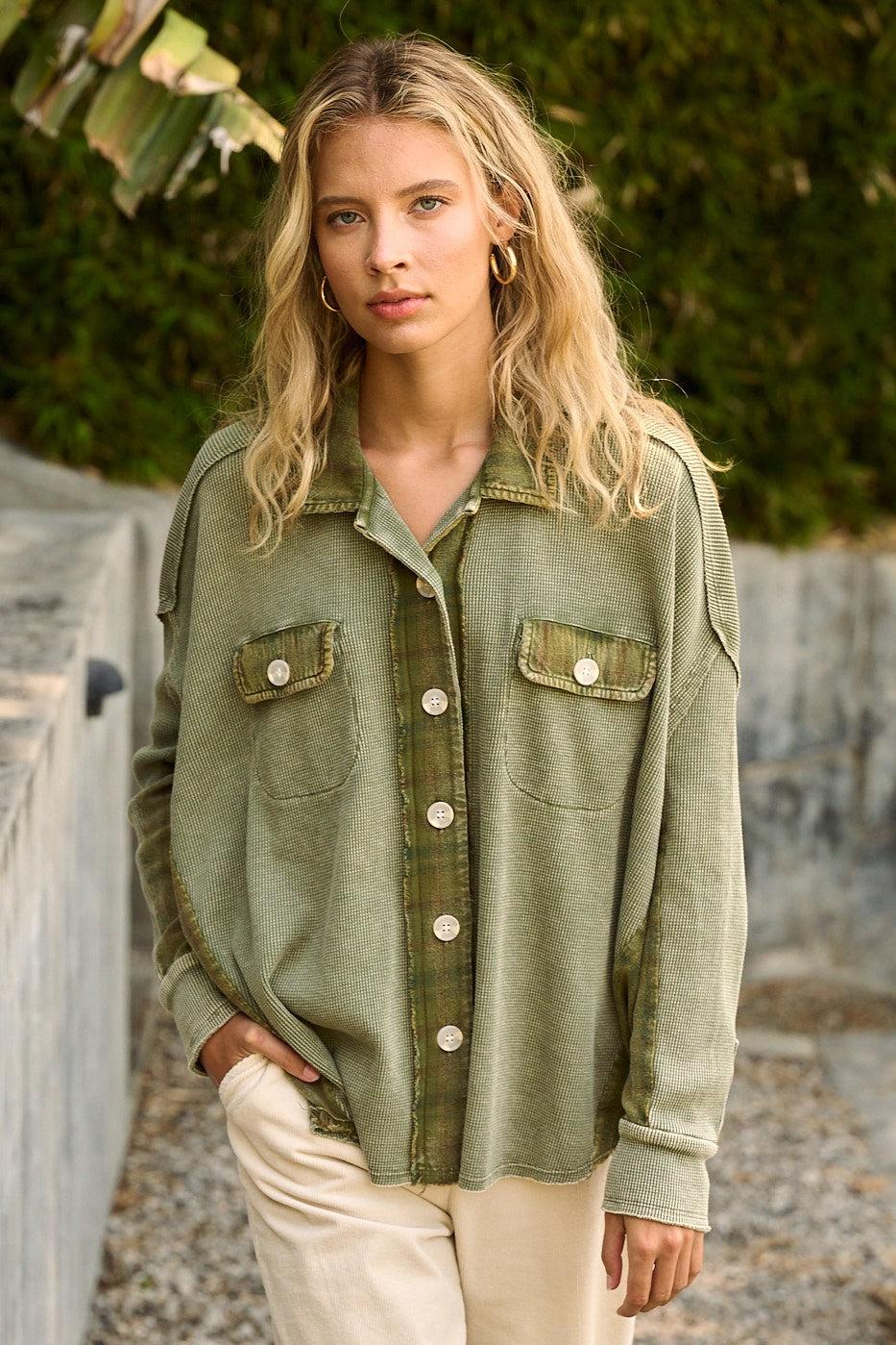 Plaid Contrast Waffle Knit Shacket Product Image