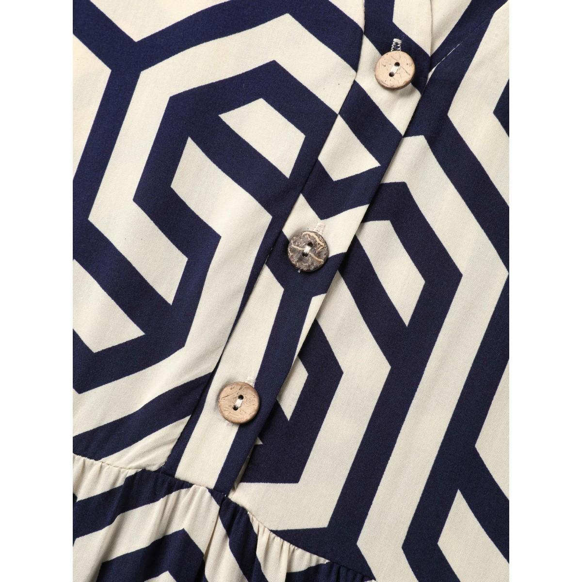 Plus Size Rayon Geometric Pattern Button Midi Dress DarkBlue Women Shirt collar Elbow-length sleeve Curvy BloomChic 22-24/3X Product Image