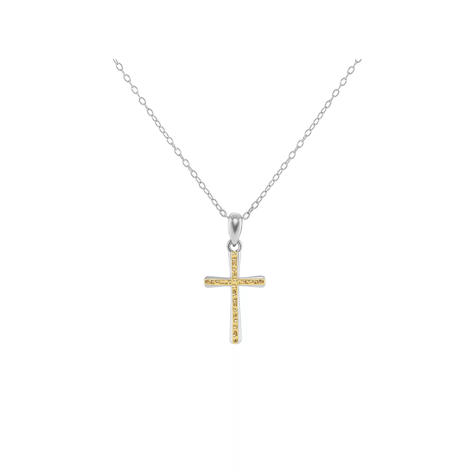 PRIMROSE Two Tone Sterling Silver 18k Gold Plated Hammered Cross Pendant Necklace, Women's, Size: 18" Product Image