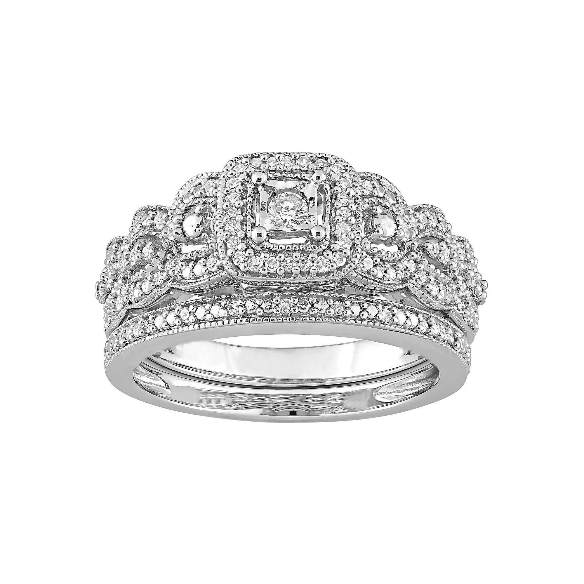 Stella Grace Sterling Silver 1/3 Carat T.W. Diamond Vintage Engagement Ring Set, Women's,  Product Image
