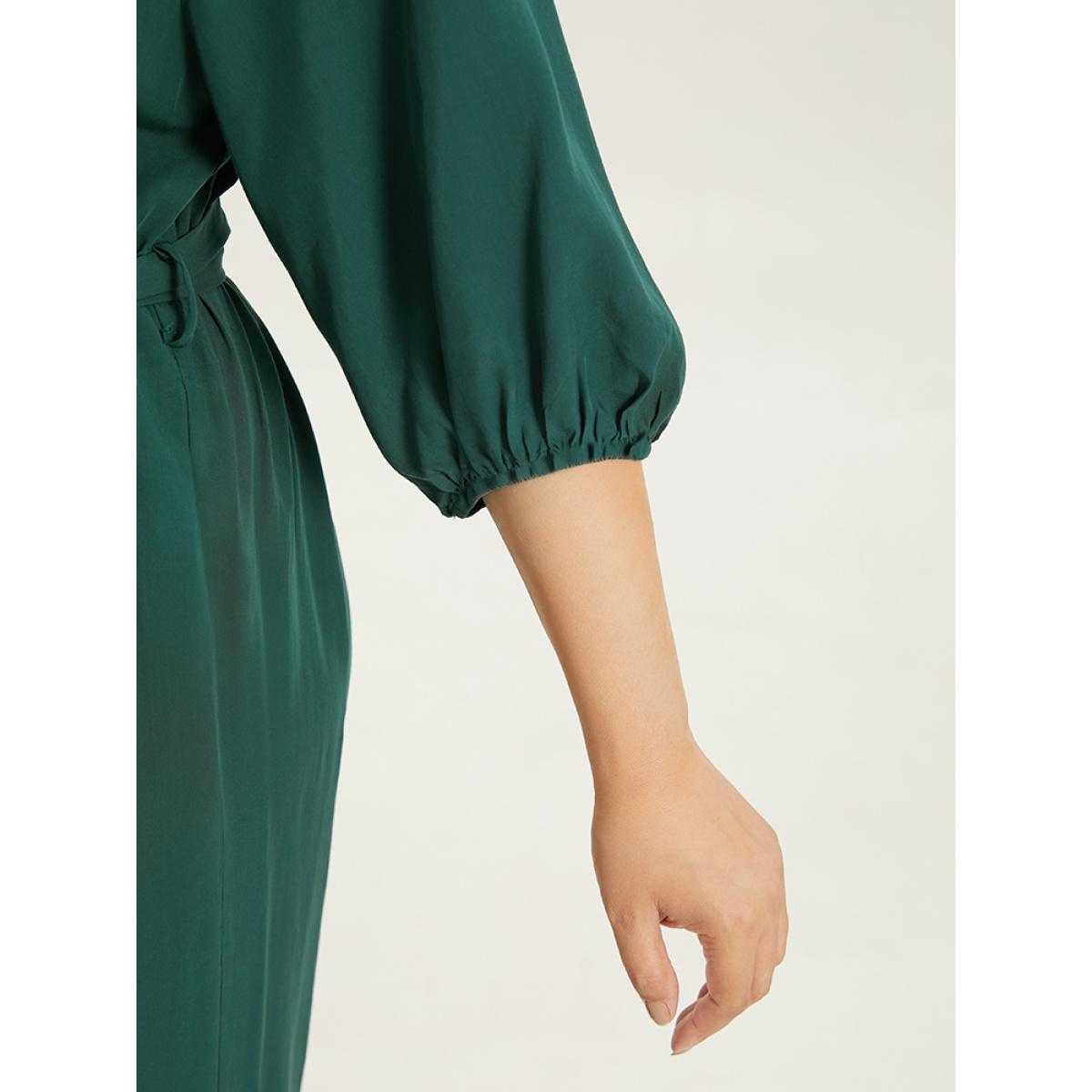 Plus Size Cyan Plain Notched Belted Gathered Lantern Sleeve Jumpsuit Women Casual Elbow-length sleeve Notched collar Dailywear Loose Jumpsuits BloomChic 28/5X Product Image