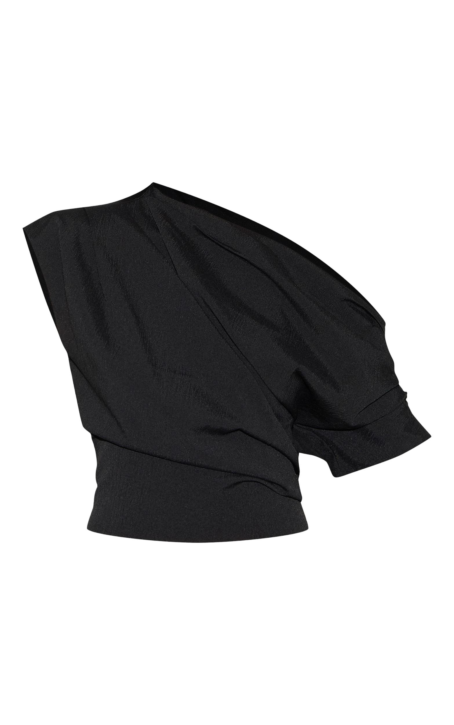 Black Woven Ruched Asymmetric One Shoulder Top Product Image