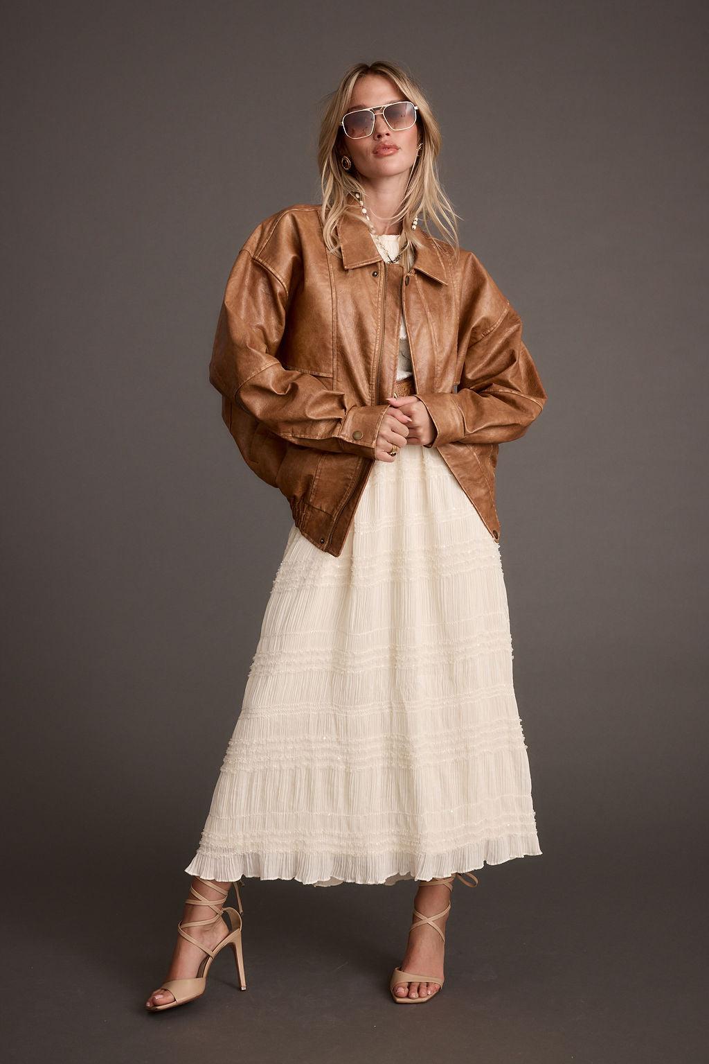 London Calling Cognac Oversized Faux Leather Jacket Product Image