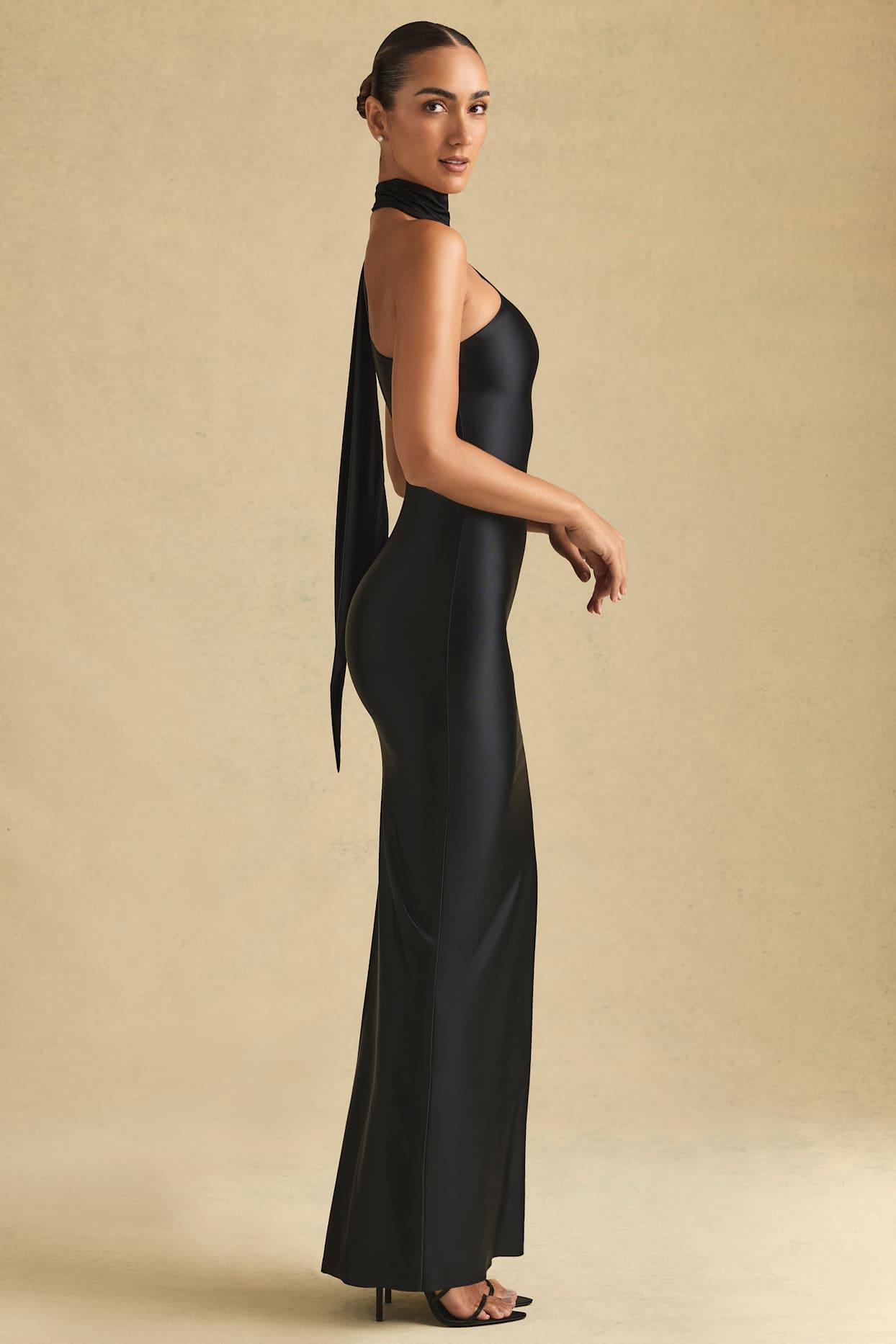 Asymmetric Scarf-Detail Maxi Dress in Black Product Image