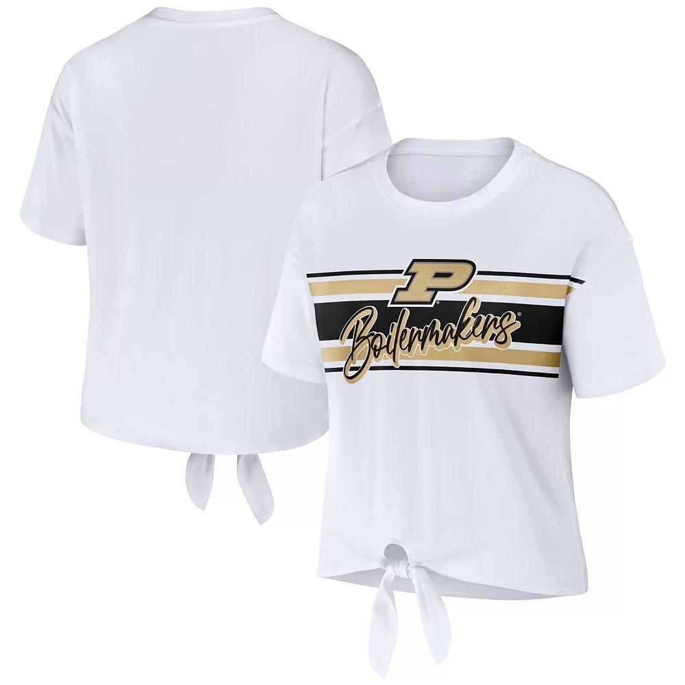 Women's WEAR by Erin Andrews White Purdue Boilermakers Striped Front Knot Cropped T-Shirt, Size: XL Product Image