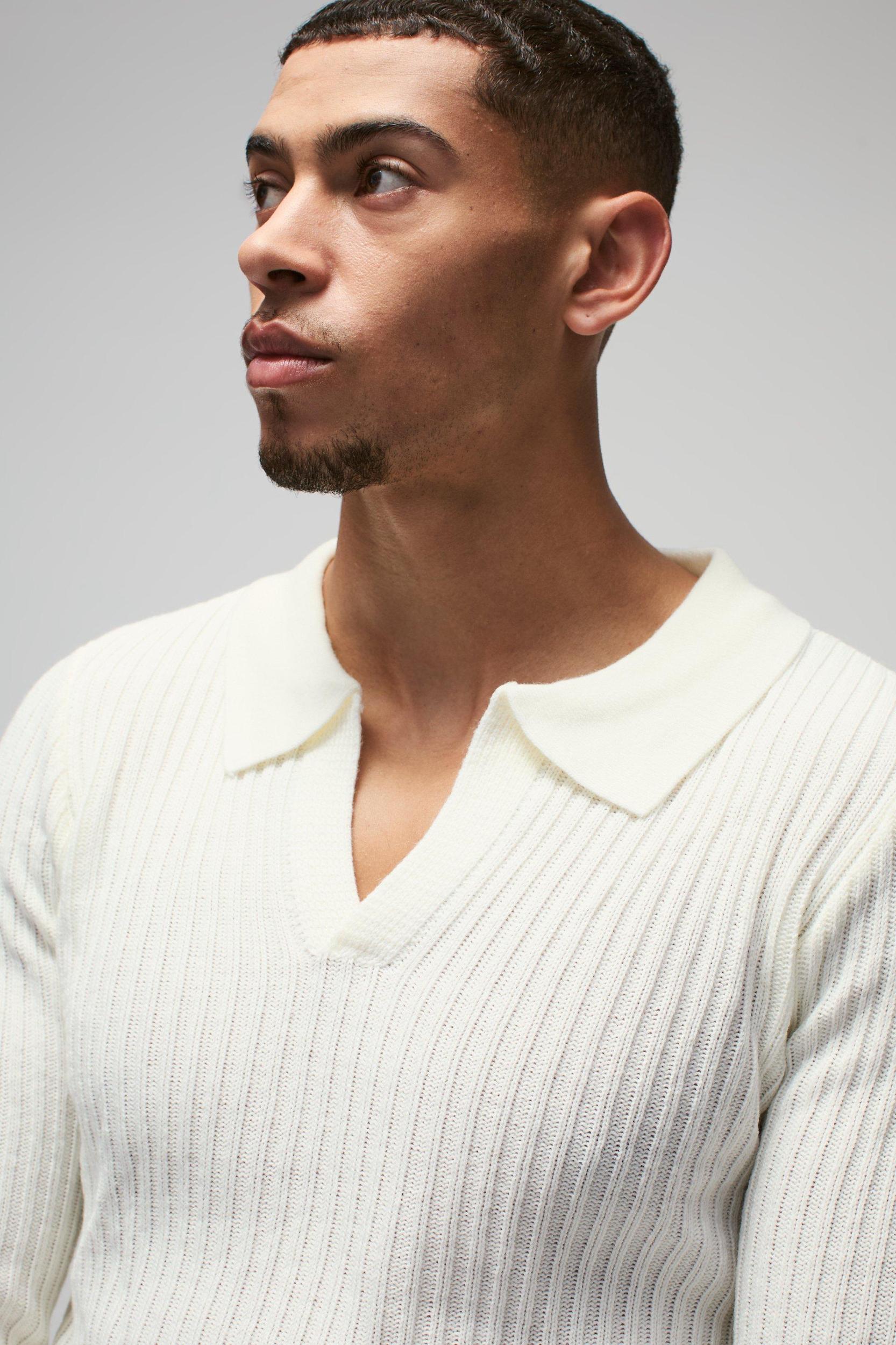 Regular Fit Ribbed V Neck Collar Knitted Polo | boohooMAN USA Product Image