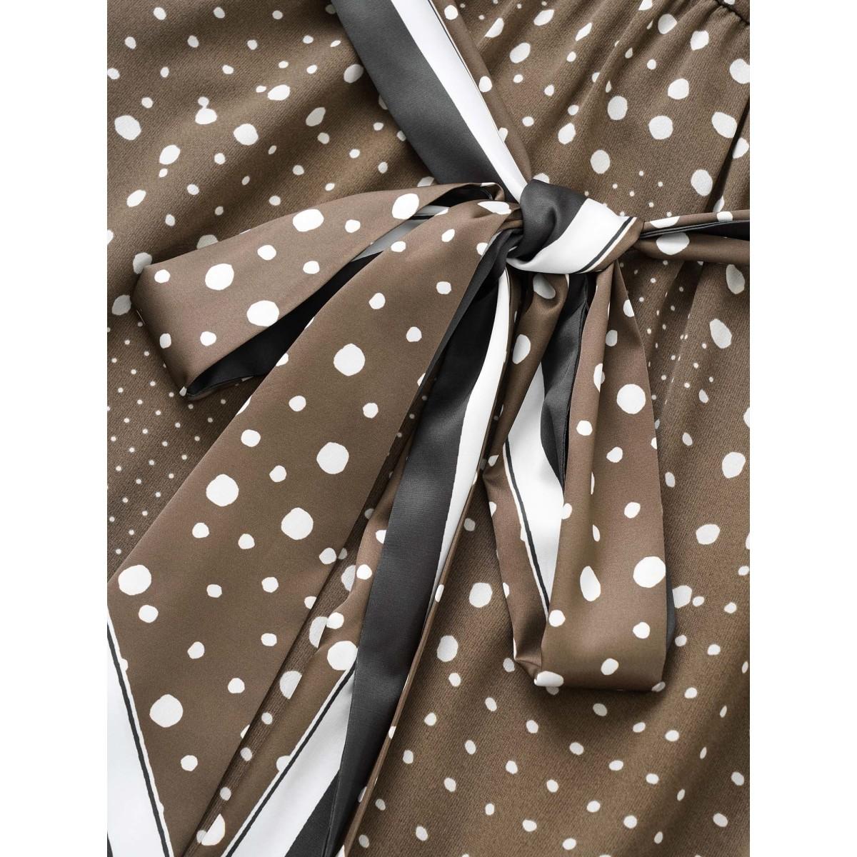 Plus Size Polka Dot Scarf Belted Keyhole Lantern Sleeve Dress DarkBrown Women At the Office Non Round Neck Long Sleeve Curvy Midi Dress BloomChic 28/5X Product Image