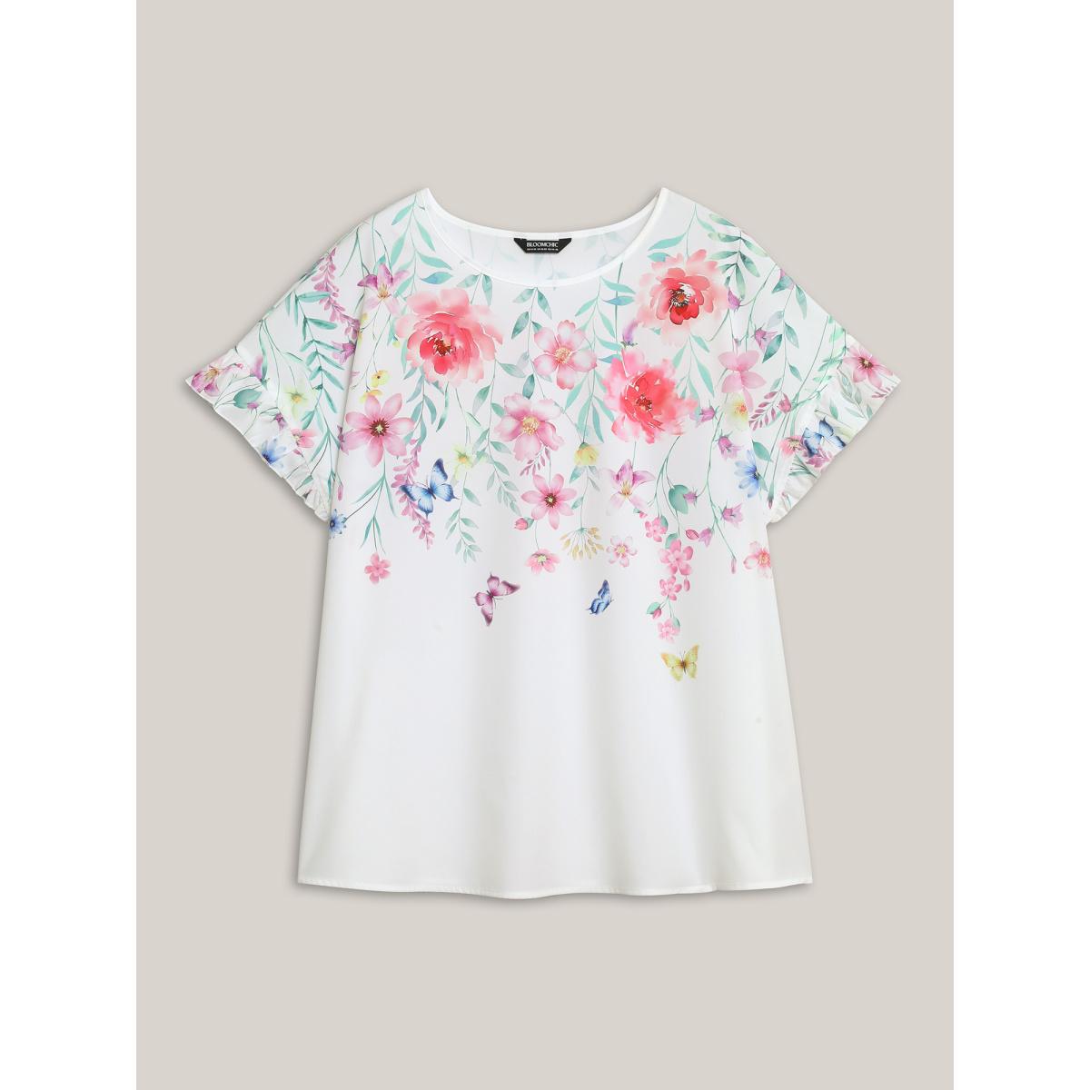 Plus Size Opticwhite Floral Bodice Round Neck Flared Blouse Women Elegant Short sleeve Round Neck Everyday-Elegant Blouses BloomChic 10/M Product Image