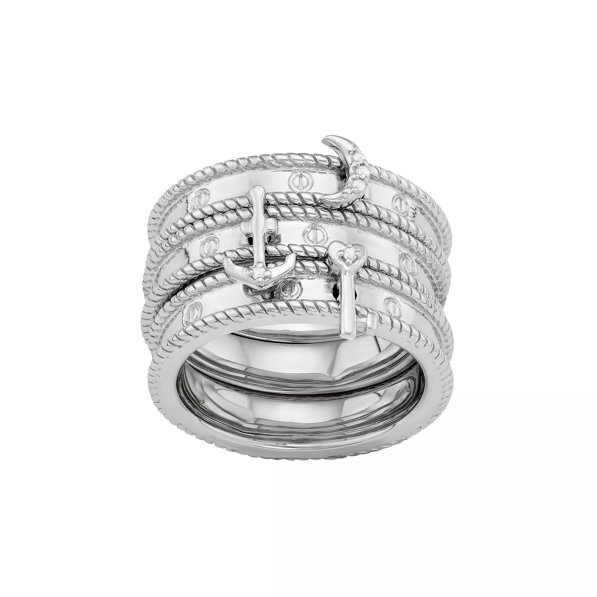 Jewelexcess Sterling Silver Diamond Accent Key, Moon & Anchor Stack Ring Set, Womens Gold Tone Product Image