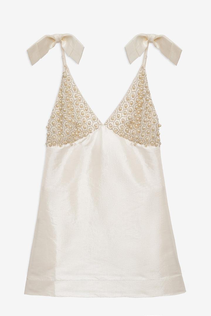 Pearly Bow Mini Dress — White Product Image