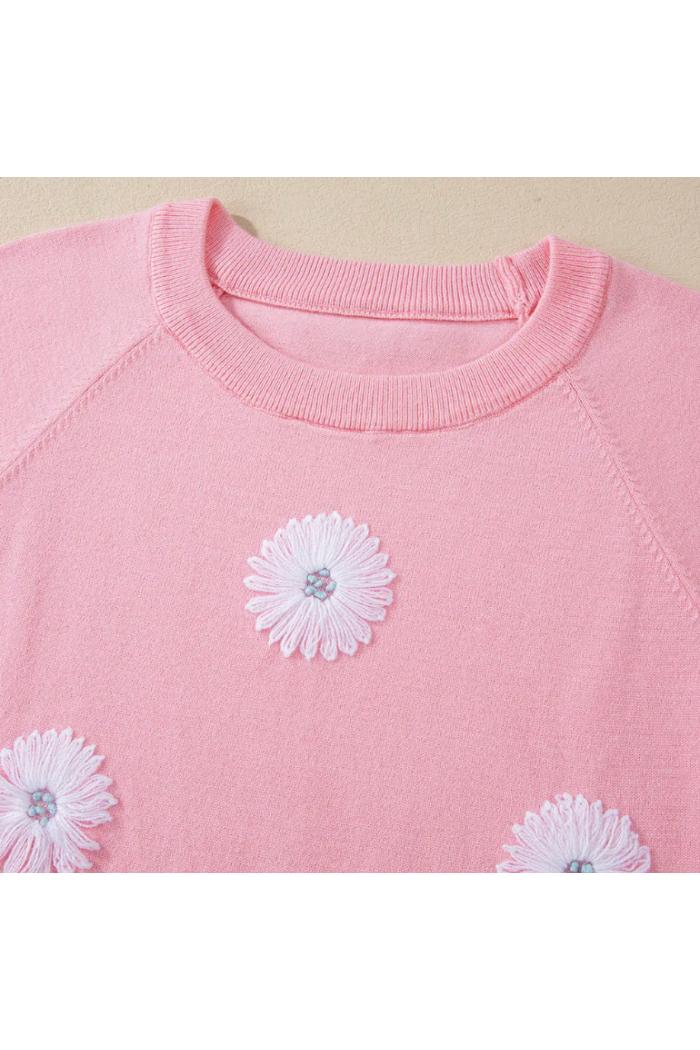 PINK FLOWER SHORT SLEEVE KNIT TOP Product Image